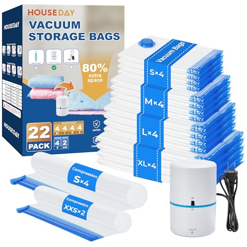 HOUSE DAY 22 Pack Vacuum Seal Bags For Clothing Travel, 80% Space Saving Travel Vacuum Bags with Electric Pump, Vacuum Storage Bags For Clothes, Comforters, Blankets, Moving, Storage & Organization - size: 22 Combo-E PUMP