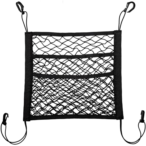 3-Layer Car Mesh Organizer Storage Bag Between Front Seats Kid Dog Pet Net Barrier Car Net Pocket Elastic Tissue Purse Holder Netting Pouch for SUV, Truck, Van 15.7" x 13.7" - size: 15.7 x 13.7 inch