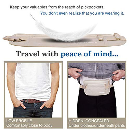 Money Belt for Travel Women and Men Slim Hidden Travel Wallet with RFID Blocking - color: Cream