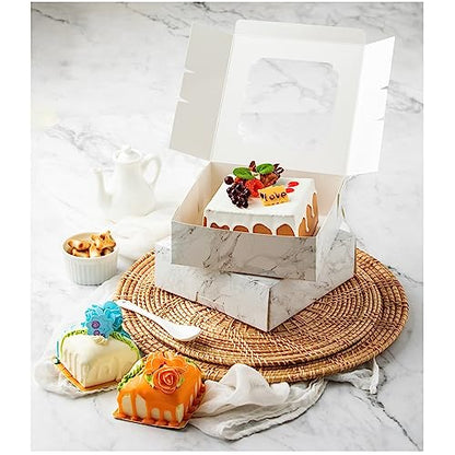 20 Pack Bakery Boxes with Window Small 6x6x2 inch for Cookie, Candy, Pastry, Brownie, Chiffon Cake, Tart, Pie, Waffle (White Marble) - color: White Marble