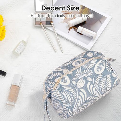 Narwey Women Makeup Bag Wide-open Make up Bag Travel Cosmetic Organizer Toiletry Bag for Cosmetics Toiletries Accessories (Blue Leaf) - color: Y-Blue Leaf