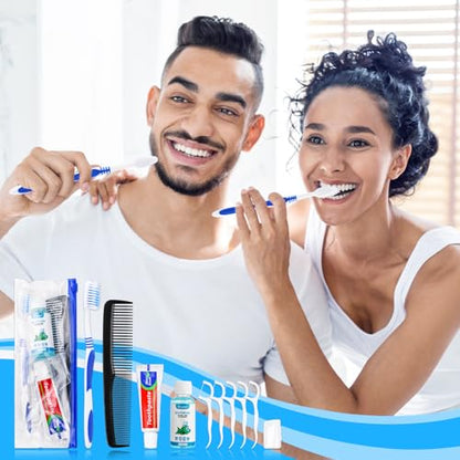 100 Set Travel Toothbrush Kit Bulk,Disposable Toothbrush with Toothpaste Set with Mouthwash,Toothpaste,Cover,Comb,Zip Bag,Floss Picks,Toothbrushes Set for Homeless,Travel - size: 1 Count (Pack of 100)