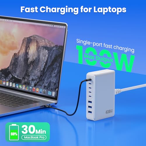 USB C Charger 430W USB C Charger Block, 8-Ports GaN IV Fast Charging Station Hub,PD 100W Laptop Charger Adapter,for MacBook Pro/Air/iPad/iPhone16/15/14/Apple Watch/DELL/Samsung for Home Office - color: A-White
