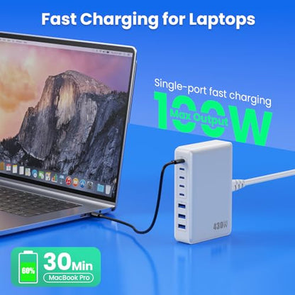 USB C Charger 430W USB C Charger Block, 8-Ports GaN IV Fast Charging Station Hub,PD 100W Laptop Charger Adapter,for MacBook Pro/Air/iPad/iPhone16/15/14/Apple Watch/DELL/Samsung for Home Office - color: A-White