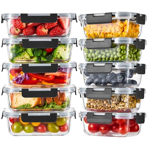 Liuruiyu 10 Pack Glass Food Storage Containers with Lids, Meal Prep Containers, Airtight Bento Boxes with Leak Proof Locking for Microwave, Oven, Freezer and Dishwasher, BPA Free - color: 10 Pack-(12.5&35.8oz)