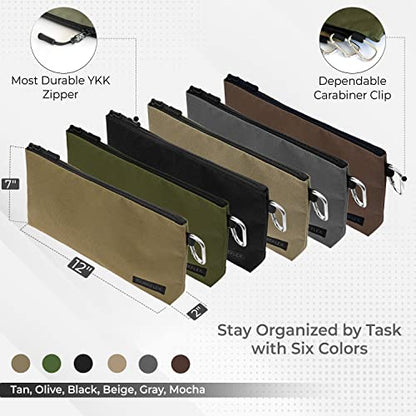 COREFLEX Premium Tool Pouch Zipper Bag, Small Tool Bag, Multipurpose Storage pouch, Heavy duty Flat Bottom Tool bag with YKK Zipper (6 pack Large 12inch) - size: 6 pack Large 12inch Khaki