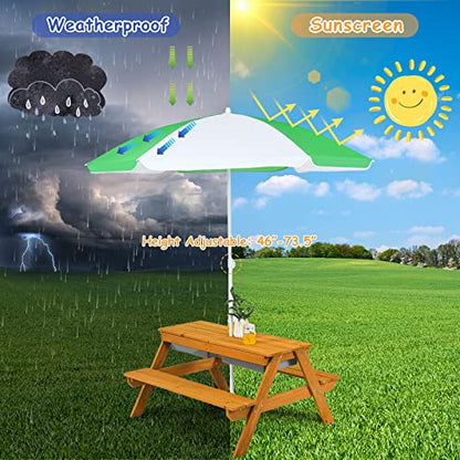 HONEY JOY Kids Picnic Table, 4 in 1 Cedar Wooden Sand & Water Table w/ 2 Removable Box & Umbrella, Kids Picnic Tables for Outdoors Backyard Garden, Toddler Patio Furniture Set for Boys Girls(Natural) - color: Natural