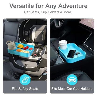 Car Seat Snack Tray for Toddlers - 3 Inch Cup Holder Fits Most Sippy Cups & Straw Bottles with Dip Well, Mess-Free Square Kids Travel Tray Road Trip Essentials, Sky Blue - color: Sky Blue