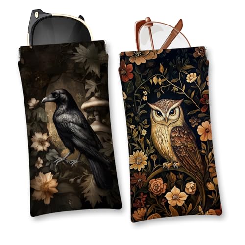 Eyeglasses Sunglasses Case PU Soft Squeeze Top Glasses Pouch for Women Men,Animal Pattern Portable Anti Scratch - color: Brown-raven and Owl