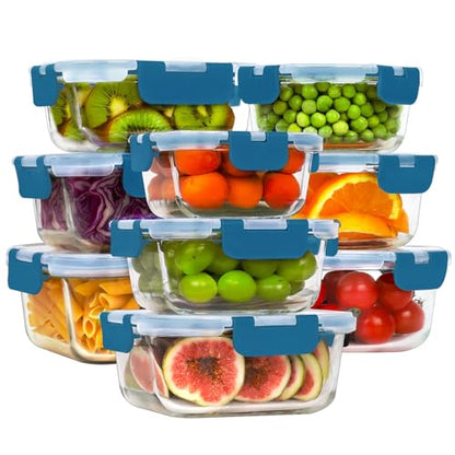 HOMBERKING Glass Food Storage Containers with Lids, [18 Piece] Glass Meal Prep Containers, Airtight Lunch Bento Boxes, BPA-Free & Leak Proof (9 lids & 9 Containers) - Deep Blue - color: Deep Blue