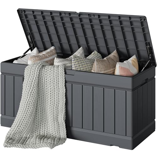 Devoko 78 Gallon Deck Box, Waterproof Resin Outdoor Storage Box for Outside and Patio, Outdoor Storage Bench Lockable for Patio Furniture, Garden Tools and Pool Supplies (Grey, 78 Gallon) - color: Grey, size: 78 Gallon 1 Pack