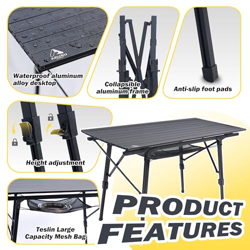 Portable Camping Table with Adjustable Hight Legs, Lightweight Aluminum Folding Beach Table with Mesh Net,Carrying Bag for Outdoor Cooking, Picnic, Beach, Backyards, BBQ and Party - color: Black-90cm