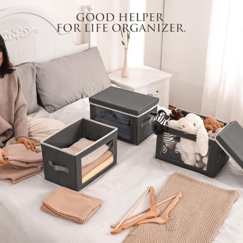 Homsorout Stackable Storage Bins with Lids - Medium Storage Box with Lids, Foldable Closet Boxes for Organizing, Wardrobe Clothes Organizer with Window, Cubes Bins for Living Room, 4 Pack, Dark Grey - color: Dark Grey, size: L(4-Pack)