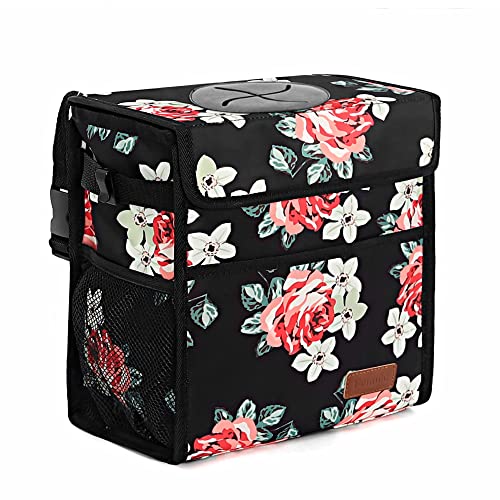 Femuar Car Trash Can Leak Proof Car Trash Bag Waterproof Car Garbage Can with Lid Collapsible and Portable with Storage Pocket, Large/Flower, 3 Gallons - color: Flower, size: 3 Gallons
