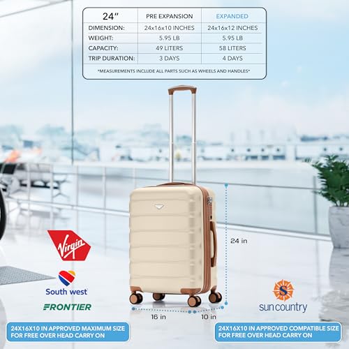 Flight Knight 24x16x10 Expandable Carry On Suitcase Hardside TSA Lock USB C Lightweight Luggage Silent Double Spinner Wheels Maximum Overhead Carry-On Bag For Virgin South West Approved Cream/Tan - color: Cream/Tan, size: 24x16x10"