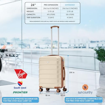 Flight Knight 24x16x10 Expandable Carry On Suitcase Hardside TSA Lock USB C Lightweight Luggage Silent Double Spinner Wheels Maximum Overhead Carry-On Bag For Virgin South West Approved Cream/Tan - color: Cream/Tan, size: 24x16x10"