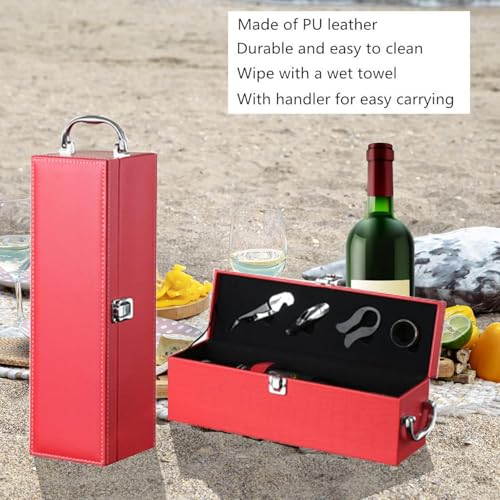 Bottle Wine Carrier, Leather Wine Gift Boxes, Gifts for Wedding, Anniversary, Travel, Party, Storage Box for Home Bar Collection With 4pcs Accessories Set (Red)
