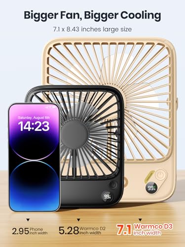 Warmco 10000mAh Portable Travel Fan 7-inch, Up to 24H Runtime, Ultra-thin Quiet Rechargeable Battery Powered Desk Fan with Digital Display for Camping, Office, Bedroom, Cruise Essentials - color: Sand