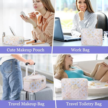 Gosect Makeup Bag Set, Quilted Makeup Bags, Large Floral Cosmetic Bag for Women, Cute Cotton Makeup Bags, Flower Travel Toiletry Organizer Bag (Folk Style) - color: MZF