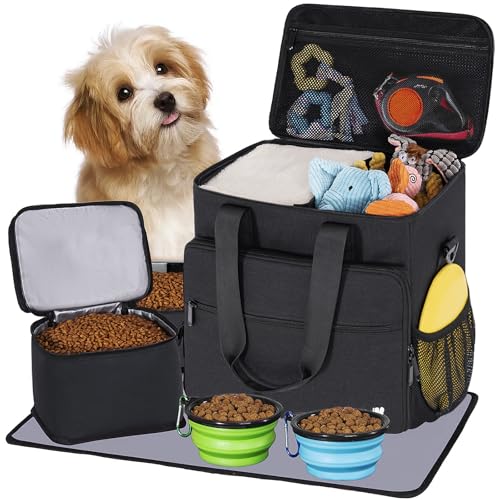 Dog Travel Bag, Large Pet Travel Set with Multi-Function Pockets, 2 Food Storage Containers, 2 Collapsible Bowls, 1 Feeding Mat for Pet Supplies, Road Trip Essentials, Weekend Camping (Black) - color: Obsidian Black