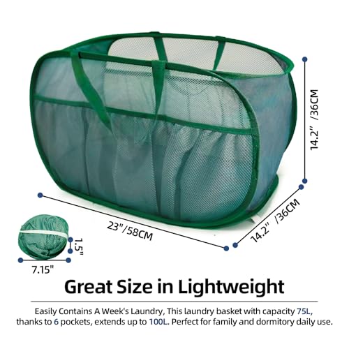 2 Pack Collapsible Laundry Baskets, Upgrade Pop Up Laundry Hamper with Convenient Bags, Foldable Laundry Basket Mesh Light Weight, Easy to Carry Clothes Hampers for Laundry, Dorm, Toys, Travel Green - color: 2xGreen