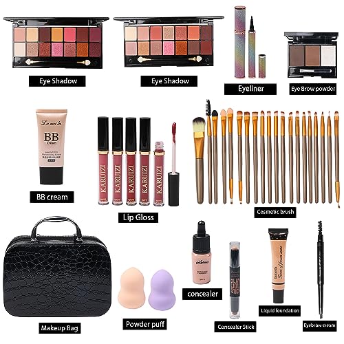 MTDXILTAI All in One Makeup Kit for Makeup storage bag 2X14 Colors Eyeshadow Palette Liquid Foundation Eyeliner Pencils Contouring Stick Lip Gloss 20Pcs Make up Brushes For Women Girls Teens (Black) - color: Black
