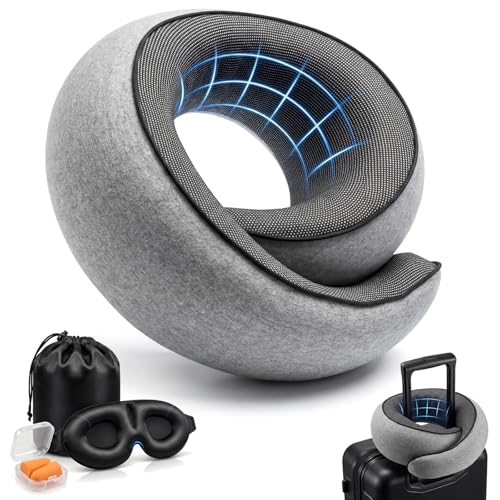 Memory Foam Neck Travel Pillow – 360° Adjustable Support, Breathable Washable Cover, Eye Mask & Earplugs, Carry Bag – Compact Airplane Pillow for Plane/Car/Train/Office (Grey) (Grey)