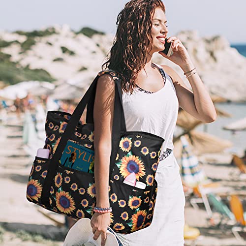 Becokan Beach Bags for Women Large Beach Tote Bag with Zipper Pockets Beach Bag Waterproof Sandproof Travel Nurse Tote Bag - color: Sunflowers