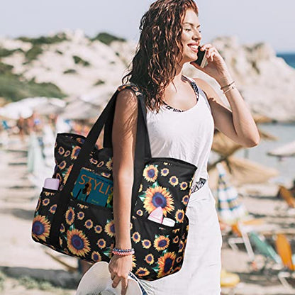 Becokan Beach Bags for Women Large Beach Tote Bag with Zipper Pockets Beach Bag Waterproof Sandproof Travel Nurse Tote Bag - color: Sunflowers