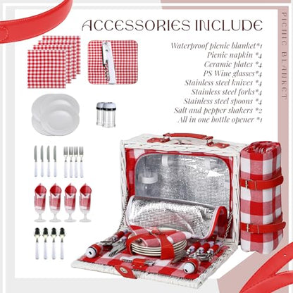 Picnic Baskets Wicker Willow Picnic Set for 4 Persons with Insulated Cooler Bag and Waterproof White Red Picnic Blanket Gift for Christmas Thanksgiving Wedding Birthday Camp Outdoor Beach Travel - color: White & Red