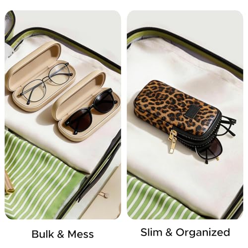 KINIVA Double Eyeglass Case for Men Women, 2-in-1 PU Dual Sunglasses Case, Scratch-Proof Travel Eyeglass Holder for Purse Car - style: Leopard