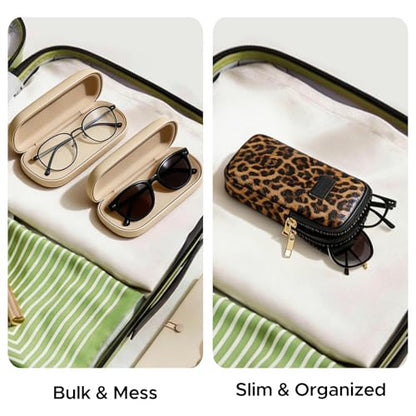 KINIVA Double Eyeglass Case for Men Women, 2-in-1 PU Dual Sunglasses Case, Scratch-Proof Travel Eyeglass Holder for Purse Car - style: Leopard