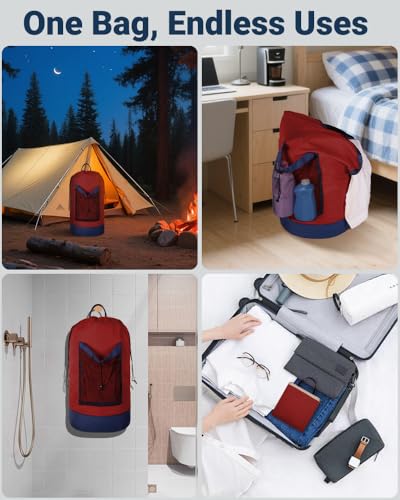 Laundry Bag with Shoulder Straps and Mesh Pocket Laundry Backpack Large Portable Laundry Hamper for College Laundromat Apartment - color: Red & Blue