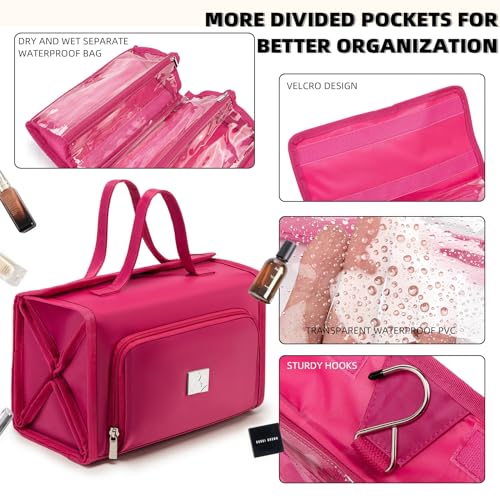 ROYALFAIR Roll Up Makeup Bag, Waterproof Toiletry Bag for Women, Hanging Travel Organizer bags with Jewelry Organizer Compartment, Extra Large 4 Clear TSA Approved Pouches Cosmetic Makeup (pink) - color: Pink