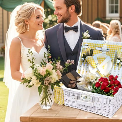 Picnic Basket Set for 4 with Waterproof Blanket Mat Insulation Bag Wicker White Yellow Light Fresh Gifts for Wedding Birthday Summer Camp Outdoor Camping Beach Travel Christmas Thanksgiving - color: Yellow Grid