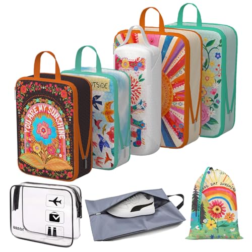 Compression Packing Cubes for Travel, 8 Set Natural Life Luggage Organizers, Waterproof Expandable/Compression Bags Bohemia Travel Packing Cubes with Clear Toiletry Bag and Shoe Bag - color: Natural Life, size: Set of 8