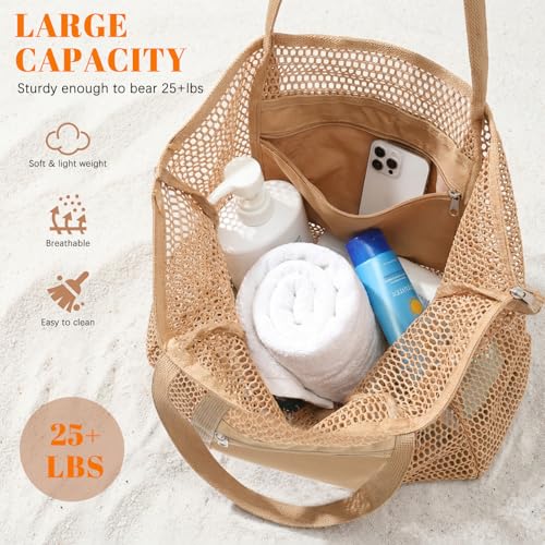 Dntorx Women's Mesh Beach Bag, Stylish Beach Tote for Swimming, Travel & Vacation Essentials, Lightweight Design for Poolside - color: Khaki