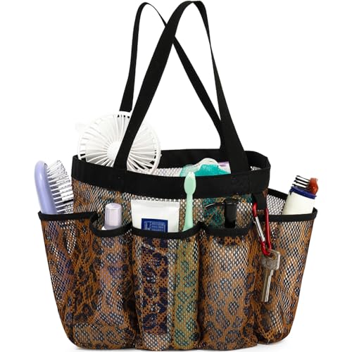 Fammart Mesh Shower Caddy Portable for College Dorm Room Essentials, 8-Pocket Large Shower Basket Tote Bag with 2 Handles for Toiletry, Bathroom, Beach, Camp, Gym - color: Multiple Pockets - Leopard