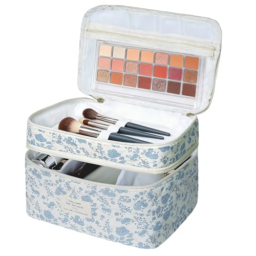 Gosect Quilted Floral Makeup Bag, Double Layer Large Capacity Cosmetic Bag with Portable Handle, Cute Coquette Aesthetic Toiletry Bag, Portable Travel Organizer with Dividers for Women Girls - color: Blue Flowers