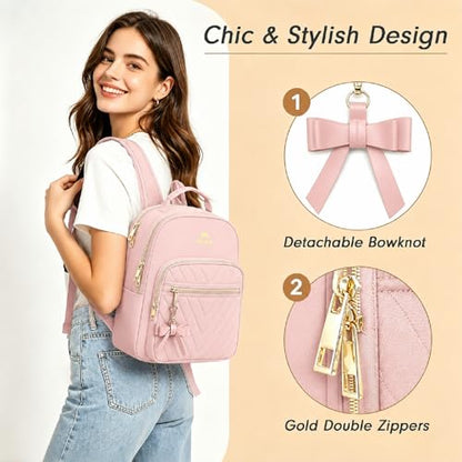 MATEIN Bowknot Cute Backpack Purse, Fashion Mini Shoulder Bag, Waterproof Lightweight Travel Daily Backpack College Handbag for Ladies Women, 2pcs Sets, Pink - color: Pink, size: Small-12.9 inch