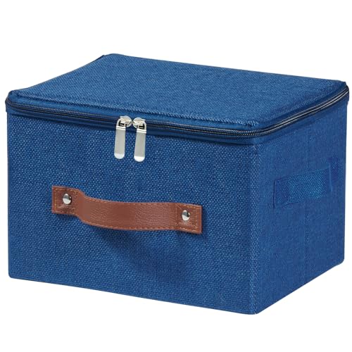 Storage Bins with Zipper Lid Foldable Fabric Lidded Storage Boxes Baskets Cubes Washable Collapsible PU Leather Handle Cotton Linen Shelves Closet Organizer Container(Dark Blue, Small Size) - color: Dark Blue, size: Small ( Set of 1 )