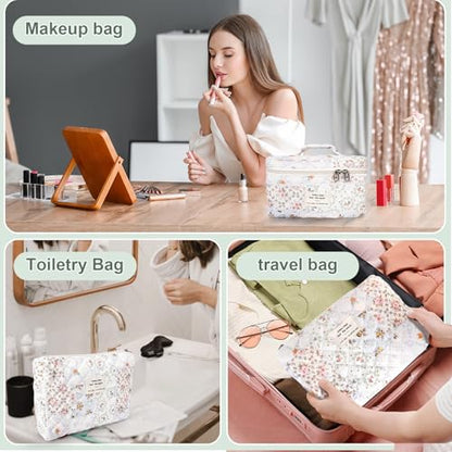 GISMTR 3Pcs Cotton Quilted Makeup Bag Large Travel Cosmetic Bag Coquette Makeup Pouch Cute Aesthetic Floral Toiletry Bag for Women Girls (flower-U) - color: flower-U