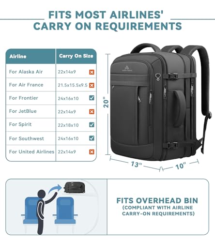 AREYTECO Travel Backpack, 50L Expandable Extra Large Laptop Backpack, Carry On Backpack Water Resistant Business Suitcase Daypack Bag Fits 17 Inch Laptops, Travel Gifts for Men Women, Black - color: Black, size: 17.3 Inch (20''x13''x10'')