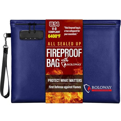 ROLOWAY Fireproof Document Bag (14.5 x 11.5 inch), 6400℉ Fireproof Money Bag with Zipper for Cash, Fire Safe Money Pouch with Lock (Blue) - color: Blue