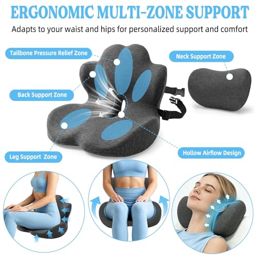 3-in-1 Memory Foam Seat Cushion & Headrest Pillow with Lumbar Support L-Shaped Ergonomic Driver Seat Cushions Design for Sciatica and Tailbone Pain Relief Comfort for Car,Truck,Chair - size: 19''x16.14''x13.18''