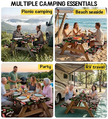 Fitted Picnic Table Cover with Bench Covers Vinyl Waterproof Elastic Edges Fitted Rectangle Table Cloth Patio Tablecloth Camping Essentials Rv Gear Accessories Road Trip Supplies Car Travel Must Have - color: Black Red Mushrooms, size: 96in