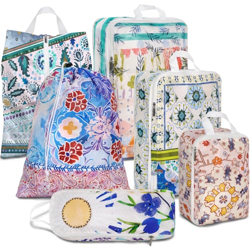 6 Pcs Compression Packing Cubes Waterproof Suitcase Travel Bag Luggage Backpack Organizer Travel Cubes for Packing-Pink and Green Bohemian - color: Green Bohemian