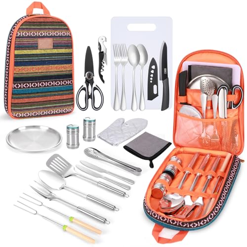 Portable Camping Kitchen Utensil Set-27 Piece Cookware Kit, Stainless Steel Outdoor Cooking and Grilling Utensil Organizer Travel Set Perfect for Travel, Picnics, RVs, Camping, BBQs, Parties and More - color: Orange-No shoulder strap