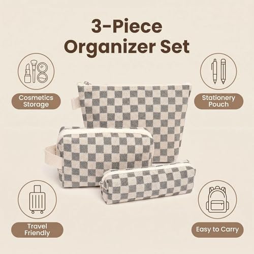 3 Pcs Canvas Makeup Bag Set Checkered Cosmetic Pouch for Women Travel Toiletry Bag Cute Makeup Organizer Purse Pouch Preppy Pencil Case with Zipper (Checkered Black) - color: Checkered Black