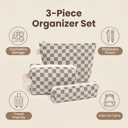 3 Pcs Canvas Makeup Bag Set Checkered Cosmetic Pouch for Women Travel Toiletry Bag Cute Makeup Organizer Purse Pouch Preppy Pencil Case with Zipper (Checkered Black) - color: Checkered Black